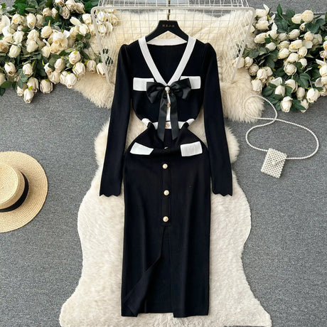 SINGREINY Office Lady Sweater Long Dress 2023 Bow Single Breasted Elastic Split Women Autumn Dress Fashion Senior Knitted Dress - Lootquake