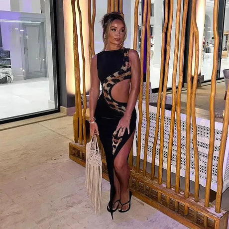 Tossy Python Printed Hollow Out Maxi Dress Female Slim Sexy Side Split Sleeveless Contrast Summer Party Dress Women's Long Dress - Lootquake