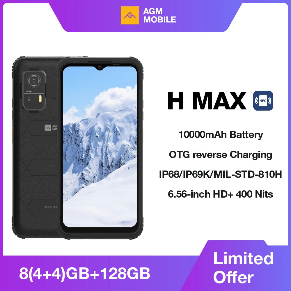 [Première mondiale] Smartphone robuste AGM H MAX, batterie 10 000 mAh, 4 Go + 128 Go, écran HD+, 3 emplacements pour cartes, NFC, OTG, charge inversée, étanche