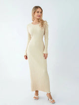Women Spring Autumn Lace-up Knit Dress Elegant Long Sleeve Crew Neck Ribbed Solid Color Long Dress Streetwear - Lootquake