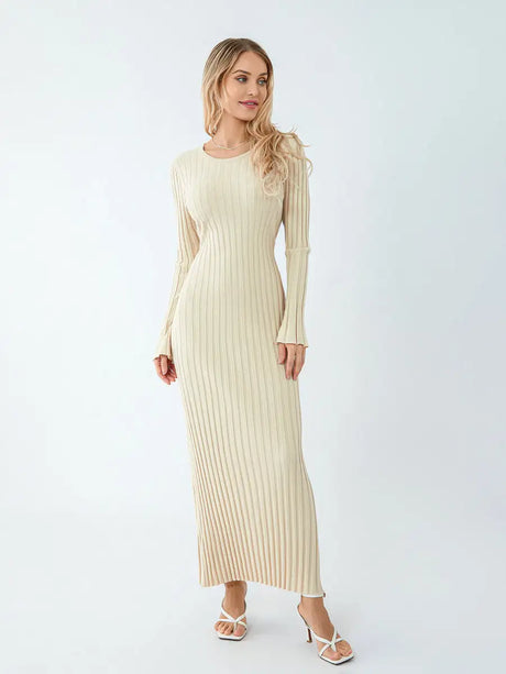 Women Spring Autumn Lace-up Knit Dress Elegant Long Sleeve Crew Neck Ribbed Solid Color Long Dress Streetwear - Lootquake