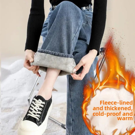 Thickened Fleece-lined Women's Jeans 2022 Winter New Style Slimming Versatile Loose-fit Straight-leg Bell Bottoms Trendy - Lootquake