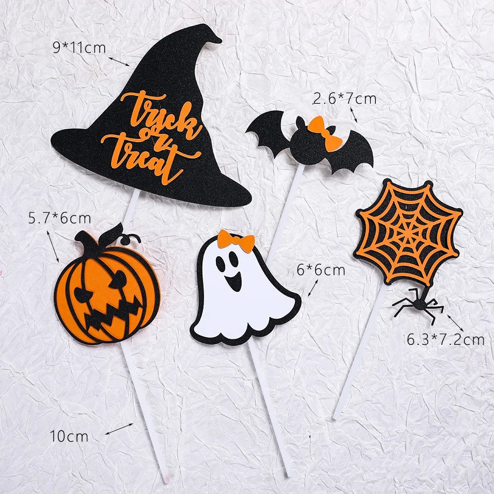 Happy Halloween Cake Topper Trick or treat Ghost Hat Bat Spider web Pumpkin Boo Goblin Bones Party Baking Cake Dessert DIY Decor