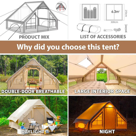 4-6 People Inflatable Tent with Pump Portable Blow Up Tent Easy Set-up Air Tent，4 Season Inflatable Tents for Camping - Lootquake