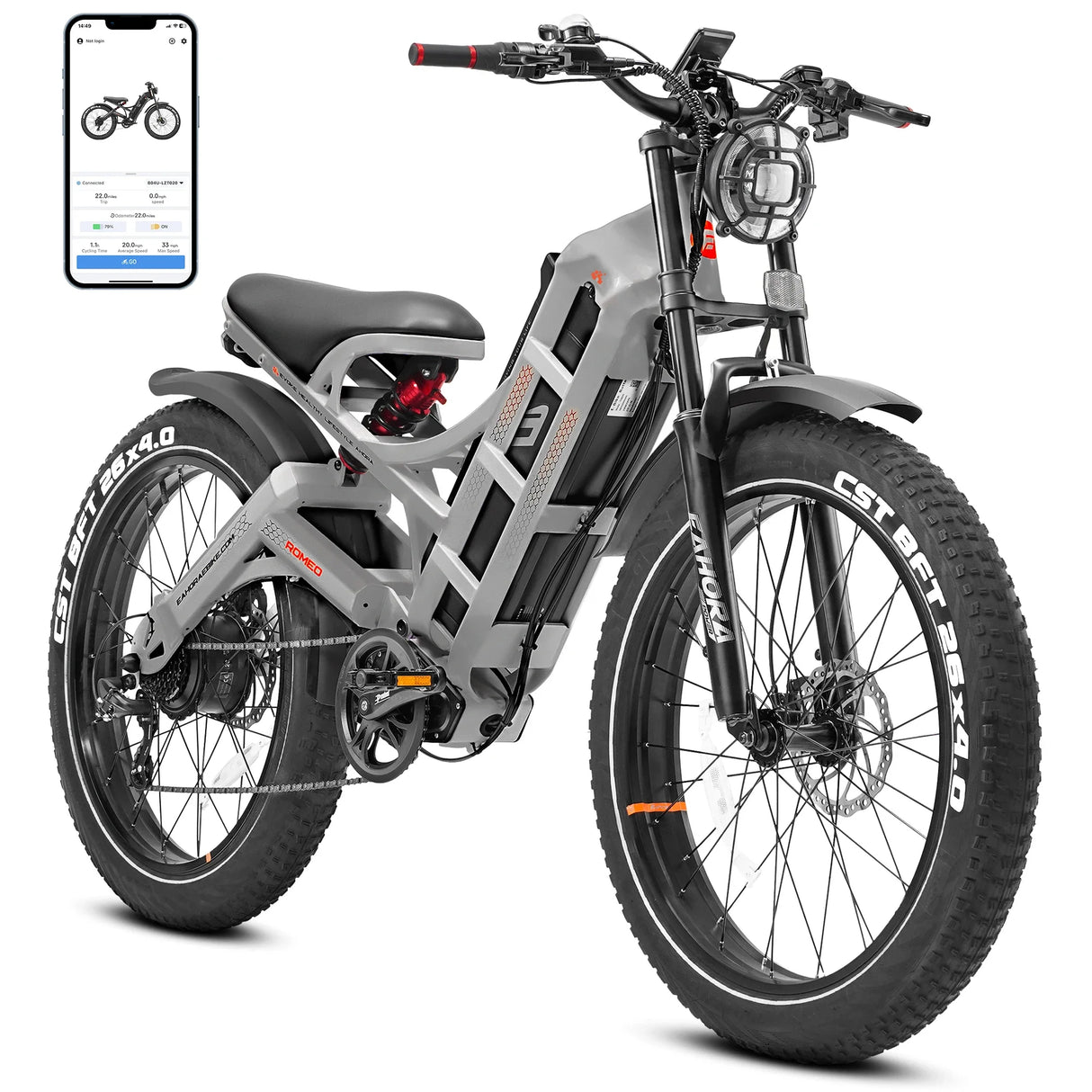 Bicicleta eléctrica Romeo con motor de 1200 W, 48 V, 60 Ah, 34 mph, velocidad máxima, 26 x 4 pulgadas, neumáticos anchos todoterreno, para acampar, para adultos.