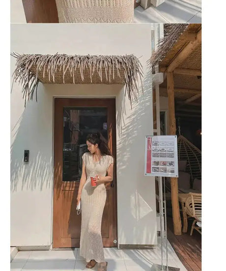 Summer High Quality Korean Simple Hollow Out Vest Knit Sweater Dress Women Japanese Gentle V-Neck Slim Elastic Knit Long Dress - Lootquake
