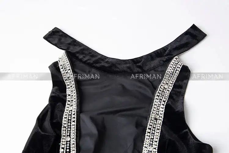 Women Heavy Rhinestone Bead Sexy Backless High Neck Waist Bag Hip Slimming Velvet Long Dress - Lootquake