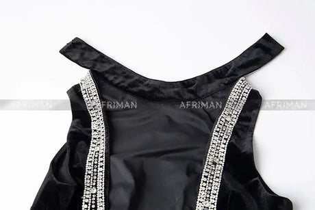 Women Heavy Rhinestone Bead Sexy Backless High Neck Waist Bag Hip Slimming Velvet Long Dress - Lootquake