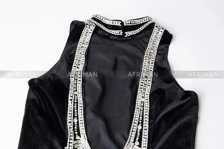 Women Heavy Rhinestone Bead Sexy Backless High Neck Waist Bag Hip Slimming Velvet Long Dress - Lootquake