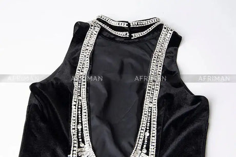 Women Heavy Rhinestone Bead Sexy Backless High Neck Waist Bag Hip Slimming Velvet Long Dress - Lootquake