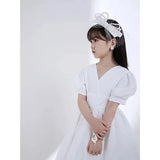 Children's Dress V-Neck White Patchwork Bow Short Sleeve Summer Clothes Fashion Girls Birthday Party Princess Long Dress 3-8year - Lootquake