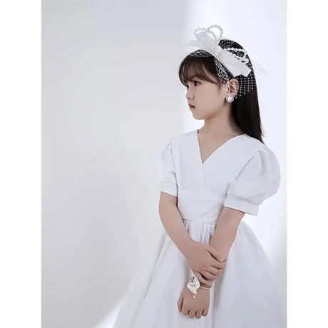 Children's Dress V-Neck White Patchwork Bow Short Sleeve Summer Clothes Fashion Girls Birthday Party Princess Long Dress 3-8year - Lootquake