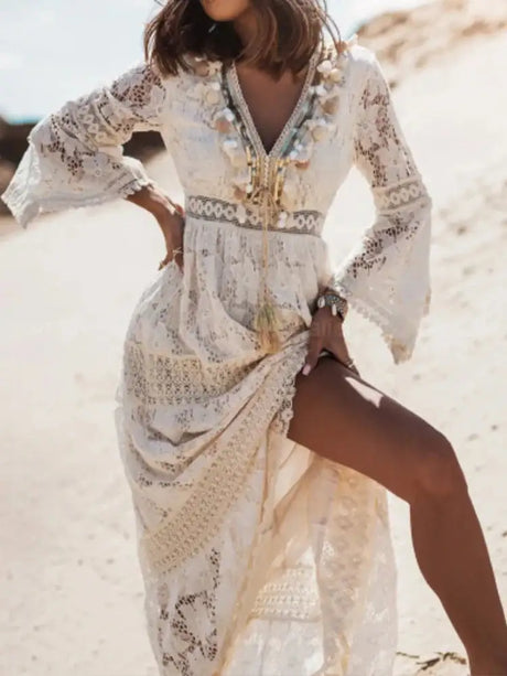 Boho Long Dress Women Summer Lace V Neck Flare Sleeve Sexy Maxi Dress Lady Holiday Party Beach Wedding Dresses Vestidos De Mujer - Lootquake