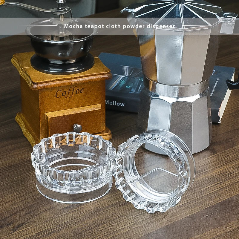 Mocha pot powder dispenser, fabric powder dispenser, powder pressing and filling tool