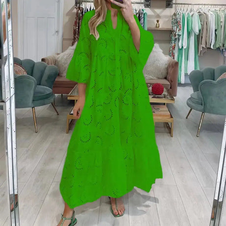 Fitshinling Cotton Long Dress Women Costume Flare Sleeve Slim A-Line Robe Fashion Hollow Out Lace Maxi Dresses Dance Wear - Lootquake