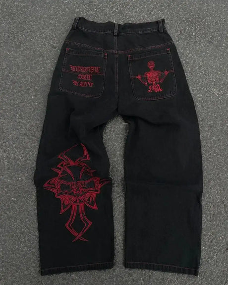 Y2K Pocket Fashion Embroidery Street Harajuku Gothic Retro High Waisted Loose Casual Jeans American Hip-hop Wide Leg Pants - Lootquake
