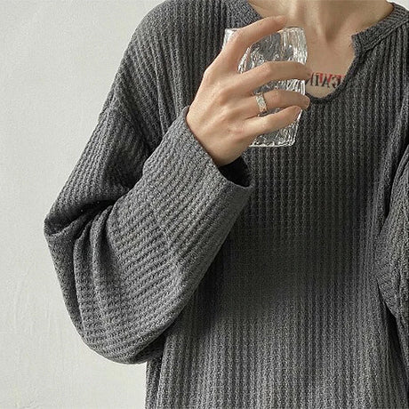 Men's Retro Loose Lazy Stylish Long Sleeve T-Shirt Casual O Neck Solid Exposed Clavicle Tops Breathable Basic Shirt 2025 New - Lootquake