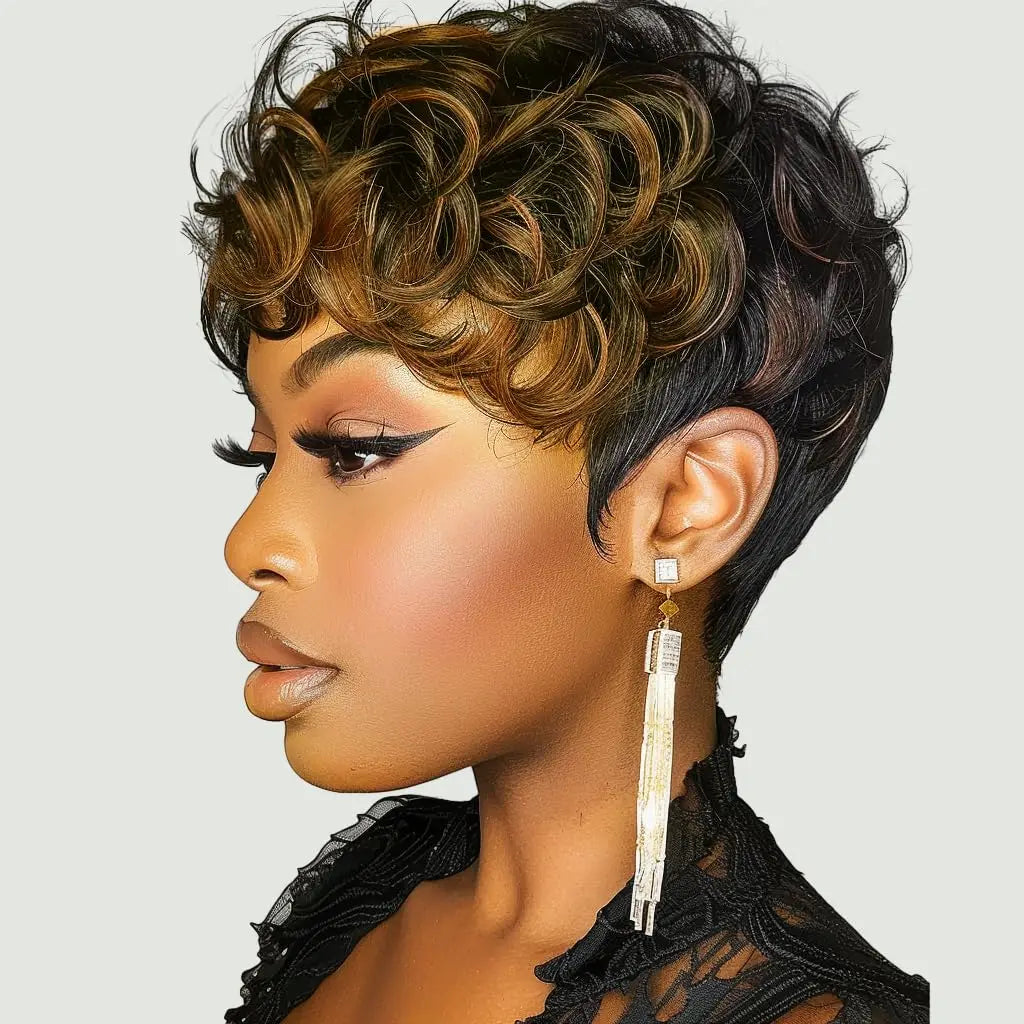 Black Women's Short Curly Elf Wig | Natural Wave Synthetic Wig (Black Color, Layered Elf Cut, Daily Use)