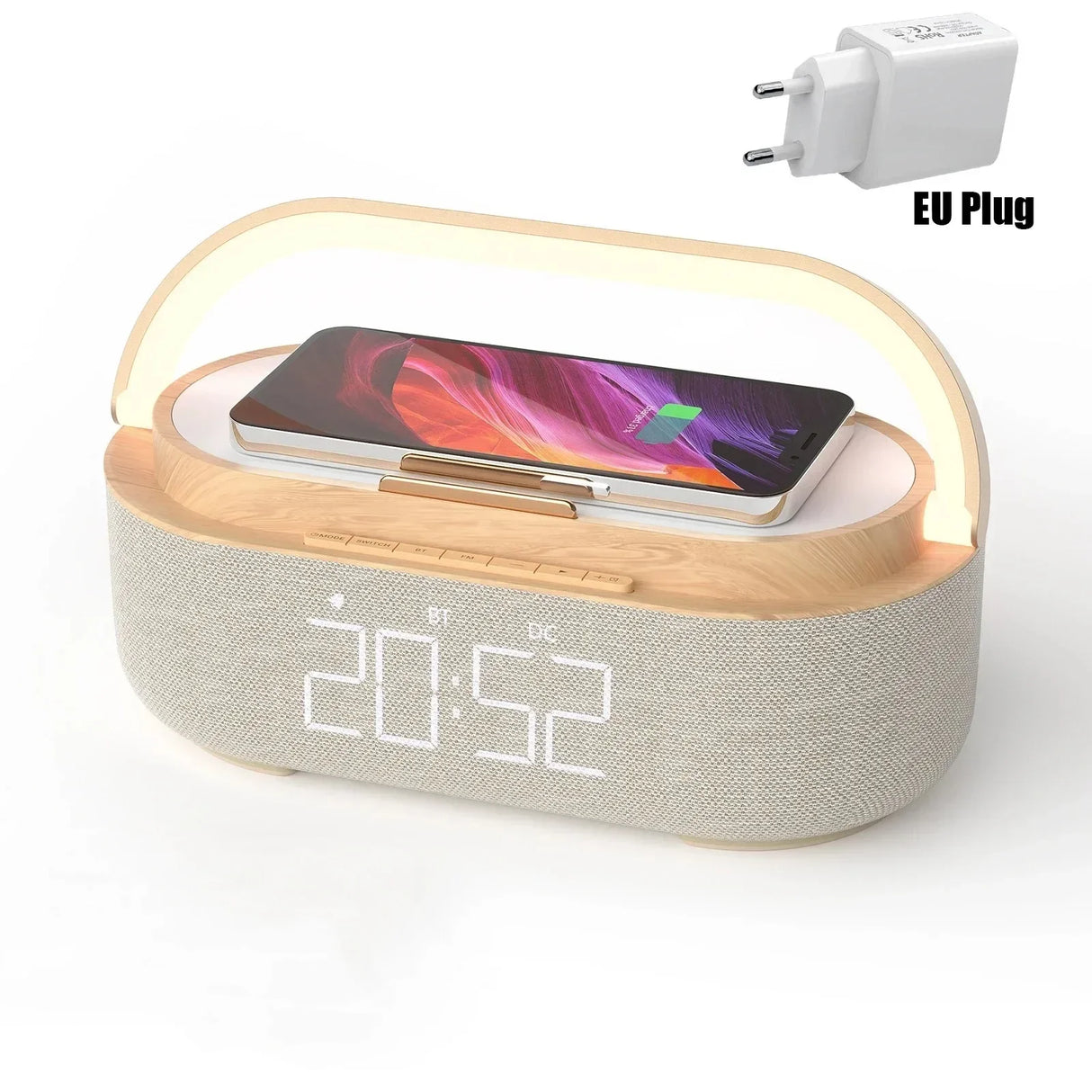 Altavoz Bluetooth, batería de 2500 mAh, compatible con carga inalámbrica de 15 W, reloj digital, pantalla, luz nocturna, despertador, estéreo Bluetooth.