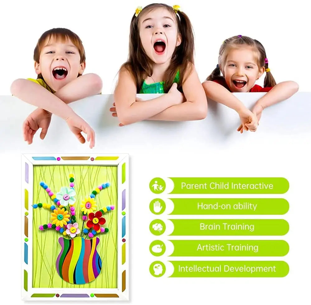 Kids DIY Craft Kit 3D Embossing Kit Photo Frame DIY Making Button Bouquet Boy Girls Interactive Handmade Educational Toy Gift