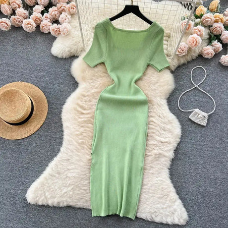 Green 2024 Sexy Summer Knit Short Sleeve Dress Women Squar Collar Waist Bodycon Sundress Female Beach  Backless Long Dress - Lootquake
