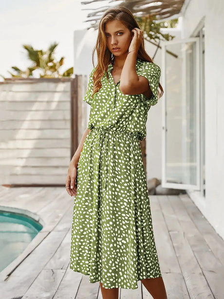 Vintage Floral Print Dress Women Boho Short Sleeve Long Dress Turn Down Collar Casual Waistband Shirt Dresses Robe 2021 Summer - Lootquake