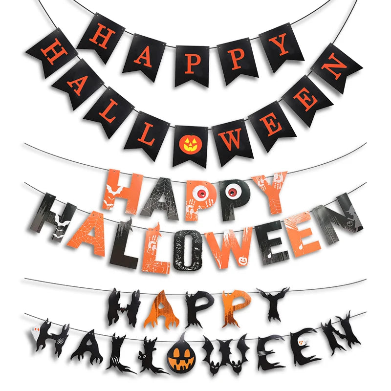 Halloween Party Paper Garland Bat Pumpkin Banner 2025 Happy Halloween Party Decoration for Home Trick or Treat Hanging Pendants