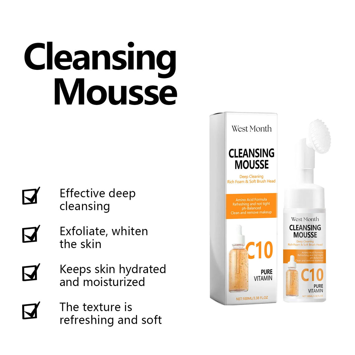 Limpiador facial con vitamina C, limpieza suave, antiacné, control de grasa, reducción de poros, iluminador, hidratante, limpiador facial con aminoácidos.