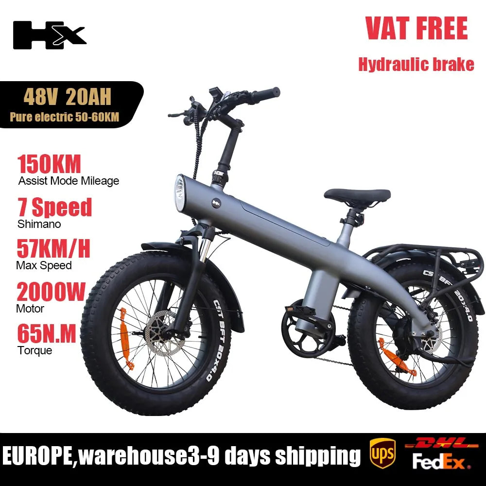 Bicicleta eléctrica para adultos HX Q20PRO de 2000 W, 48 V, 20 Ah, batería extraíble, plegable, neumáticos anchos de 20 pulgadas.