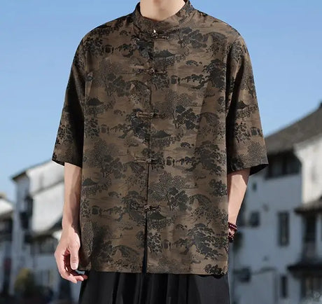 Plus Size Summer Mens Chinese Shirt Ice Silk Vintage Shirt Tang Suit Hanfu Tops Male Vintage Clothing Stand Collar Loose Shirts - Lootquake