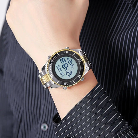 SKMEI 2141 Stainless Steel Digital Watche Muslim Azan Prayer Compass Clock Adhan Alarm Hijri Islamic Wristwatch with Back Light - Lootquake