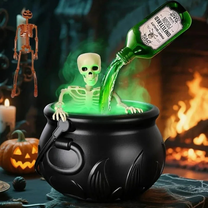 Caldero de bruja de Halloween con luz LED y generador de niebla, decoración de esqueleto para fiestas de Halloween espeluznantes, hogar y fiestas de Halloween.