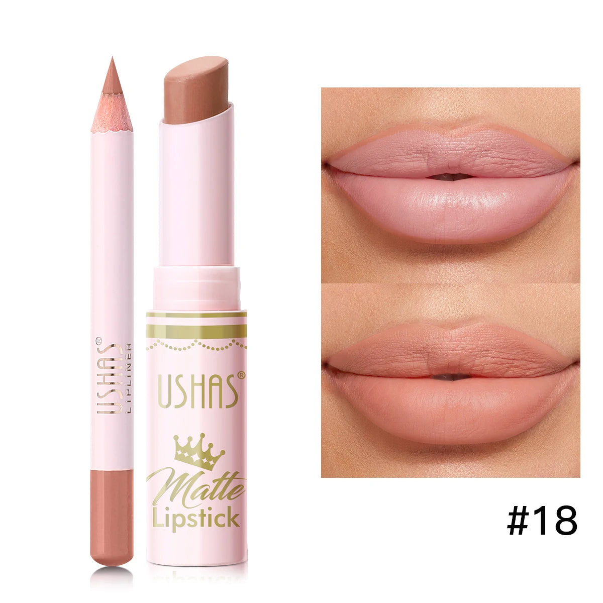 USHAS,Lipstick + lip liner set, matte finish, waterproof, long-lasting and non-staining, velvet nude lip gloss