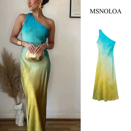 Gradient Long Dress Women Elegant One Shoulder Sleeveless Party Dress Female 2024 Summer Backless Tie-dye Lady Mermaid Robe - Lootquake