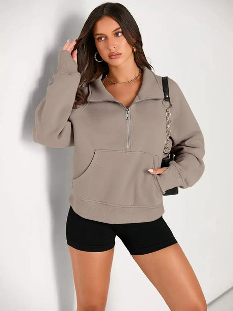 Womens Sweatshirts Half Zip Cropped Pullover Fleece Quarter Zipper Hoodies Fall outfits Clothes Thumb Hole - Lootquake