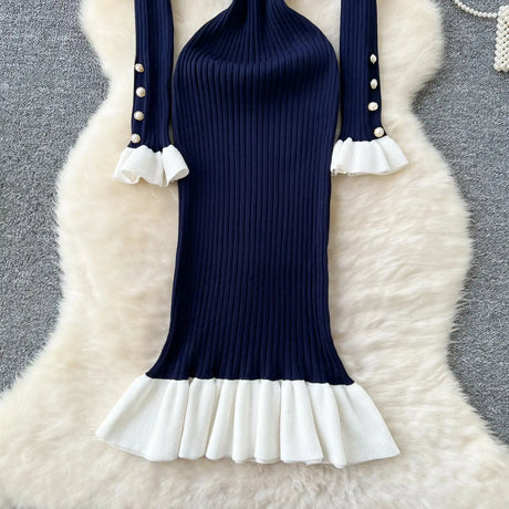 SINGREINY 2024 Hotsweet Slim Autumn Dress Women Peter pan Collar Long Sleeves Patchwork Preppy Style Mermaid Sweater Long Dress - Lootquake