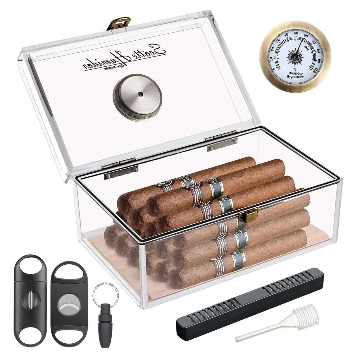 Boîte à cigares Scotte en acrylique avec hygromètre et humidificateur pour 20 cigares. Comprend un coupe-cigare et des accessoires pour perforer les cigares.