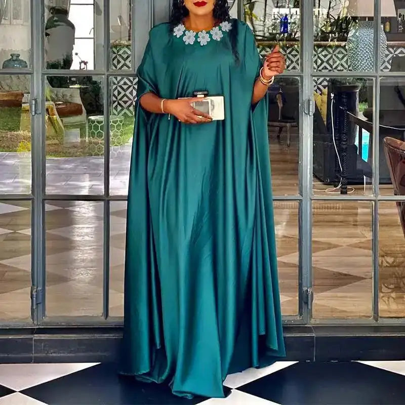 VONDA 2024 Elegant Women Satin Long Dress Autumn Maxi Sundress Elegant O-Neck 3/4 Bat Sleeve Casual Vestido Party Robe Oversize - Lootquake