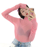 Camisa neón para mujer, de manga larga, con cuello alto, transparente, de malla amarilla dorada, sexy, para fiesta, club, ropa de calle, camisetas de hip hop