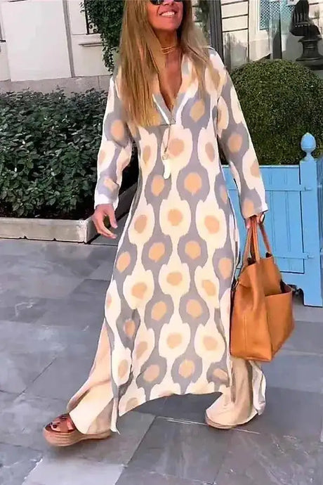 Bohemian Casual Print V-neck Long Dress Spring Autumn Vintage Mosaic Print Maxi Dress Loose Long Sleeve Holiday Dresses Vestido - Lootquake