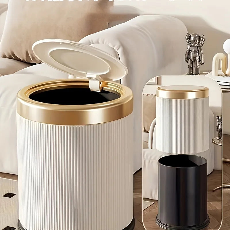 1 fashionable circular top garbage bin with gold edge - durable, stylish storage essential household garbage basket