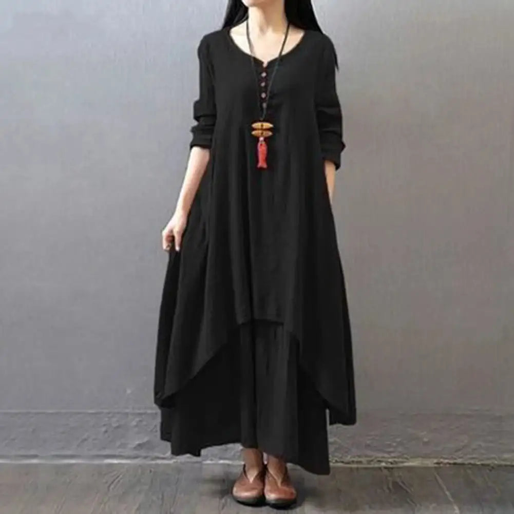Women Elegant Linen White Dresses Bohemia Layering Vintage Robe Long Sleeve Loose Long Dress Female Autumn Vestidos - Lootquake