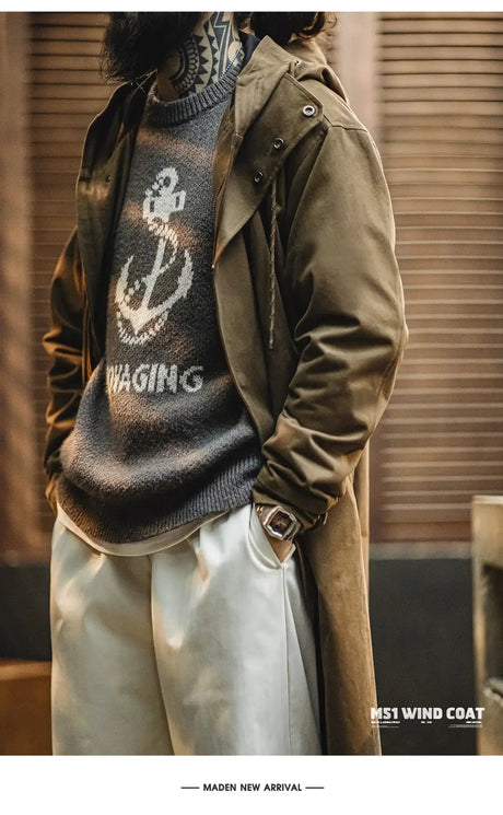 Maden Retro M51 Hooded Windbreaker Loose Fit Cotton Zipper Mid-length Jacket Versatile Solid Color Outerwear for Men's Autumn - Lootquake