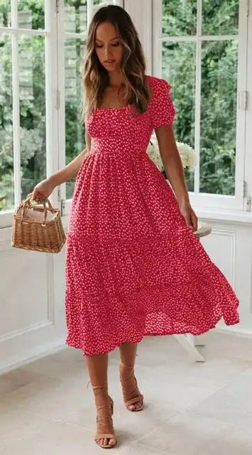Summer Women Beach Sweet Dresses Vintage Vintage Print Puff Sleeve Casual Square Collar Floral Maxi Long Dress Festa Vestidos - Lootquake