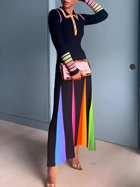 Elegant Spring 2024 Lapel Patchwork Slim-Fit Dress New Autumn Women British Style Print Maxi Dress Lady Party Evening Long Dress - Lootquake