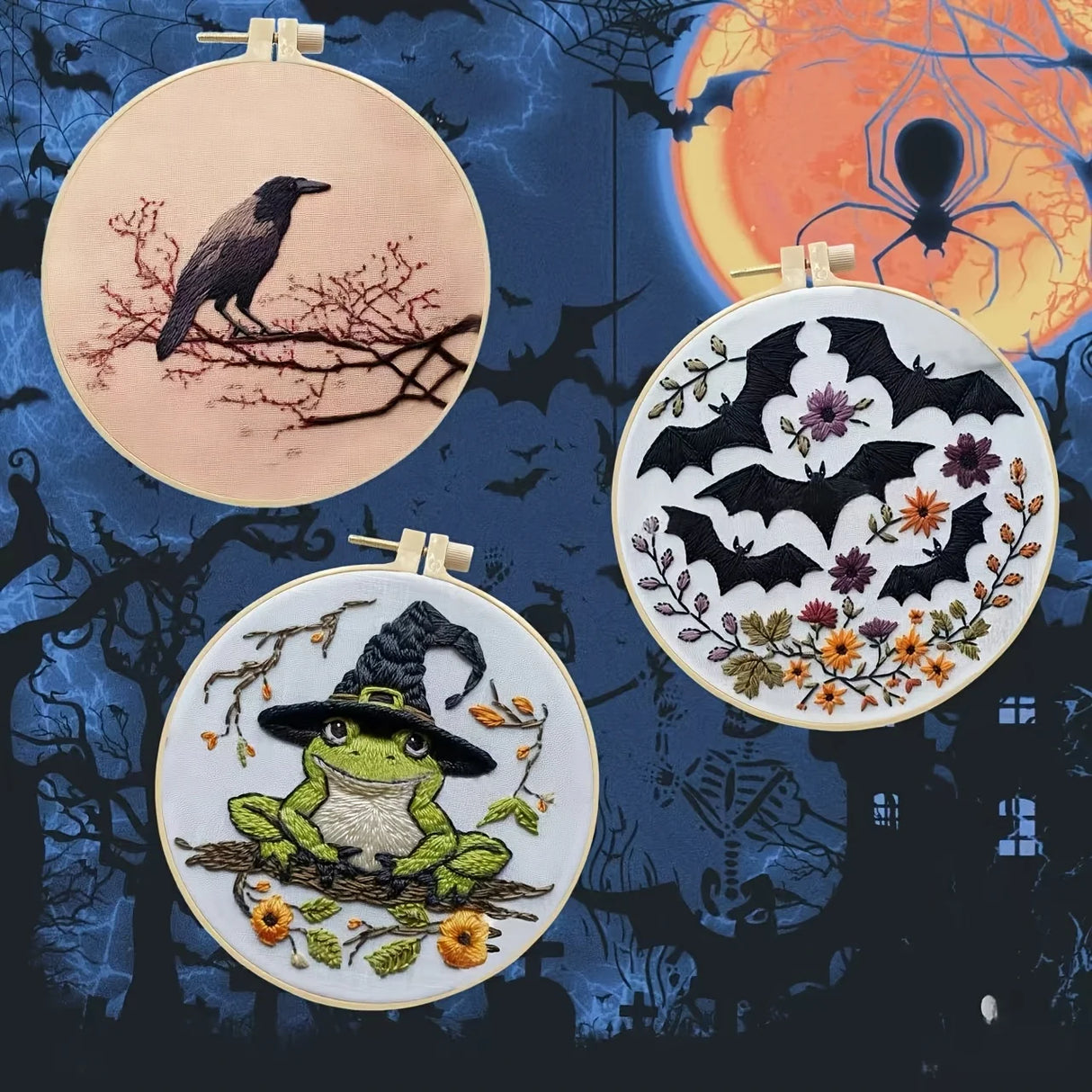 Halloween-themed pattern hand-embroidery DIY set material package, the set includes needles, threads, embroidery strips, and an