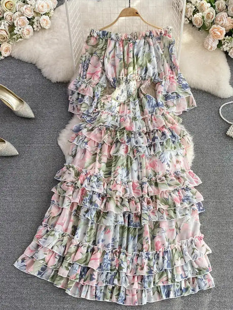 Summer New Off Shoulder  Wrap Waist to Show Thin A-line Fragmented Cake Dress Women's Beach Vacation Chiffon Long Dress GD820 - Lootquake