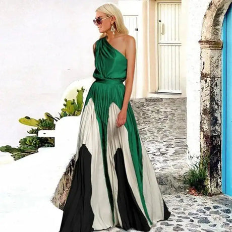 2024 Spring Summer New One Shoulder Dresses Women Splicing Print Off Shoulder Loose Long Dress Fashion Ladies Commuting Vestidos - Lootquake