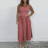 Spring Summer Sleeveless Tank T-shirt Dress Women Sexy U Neck Loose A-Line Long Dress Casual Solid Comforty Simple Party Dresses - Lootquake