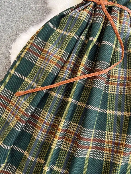 Autumn Winter Plaid Woolen Dress Women Vintage V Neck Sleeveless Long Dress With Belt Streetwear Sundress - Lootquake